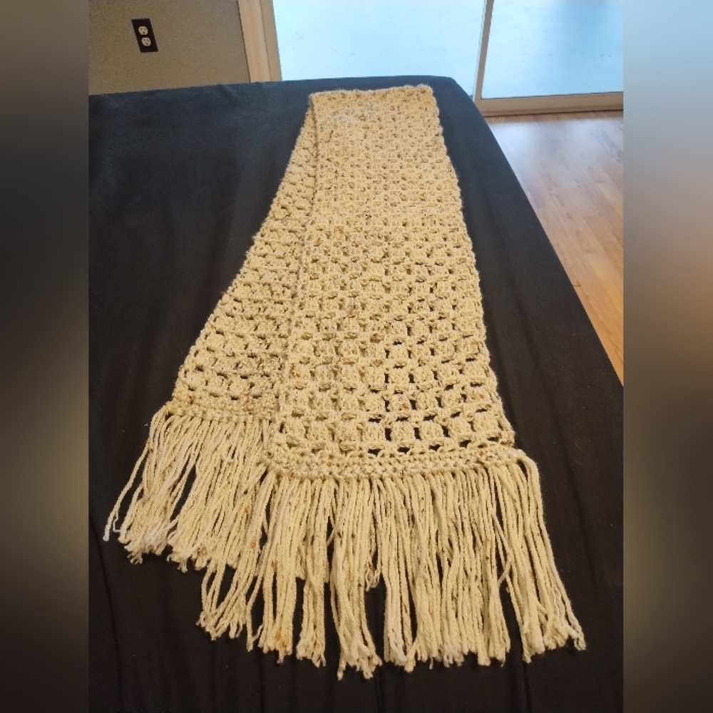 Handmade Crochet Scarf Newly Crafted Cream With Specks Of Brown With Fringe
